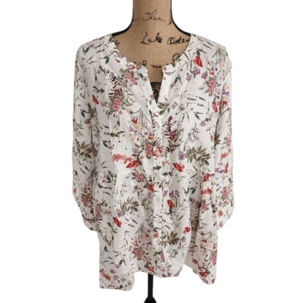 Jones New York 2X Floral Button Up Blouse White Wildflower Empire Waist NEW